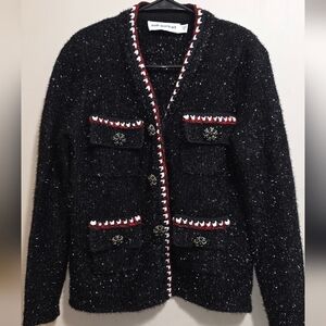 Self-Portrait Black Yarn Metallic with Red And White Accents Sz S